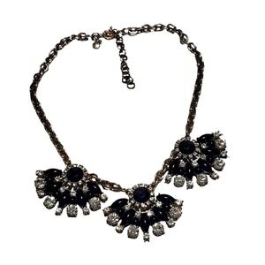 J. Crew Navy Blue Rhinestone Statement Bib Necklace Gold Adjustable Fan Design